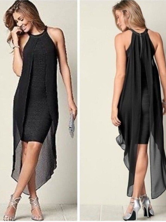 VENUS Dresses & Skirts - VENUS Black Chiffon Overlay Bandage Dress Size 6 High Neckline Whimsigoth